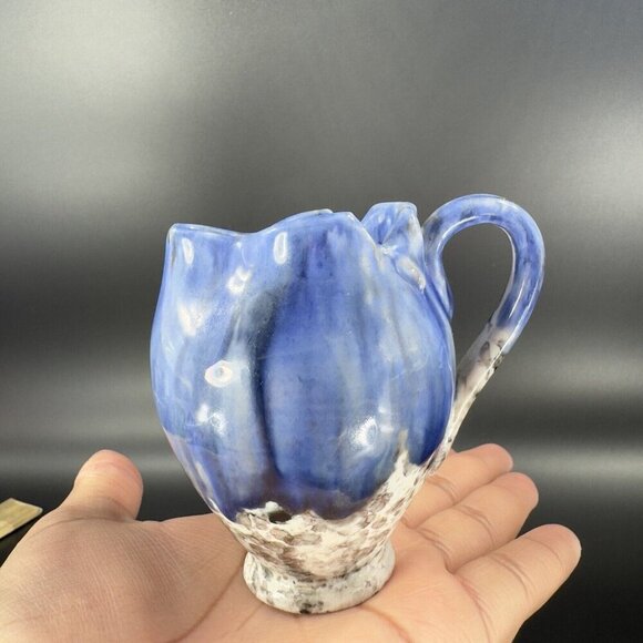Italian Art Pottery Small Pitcher Creamer Drip Glaze Folded Edges Specked Inside - Picture 10 of 16